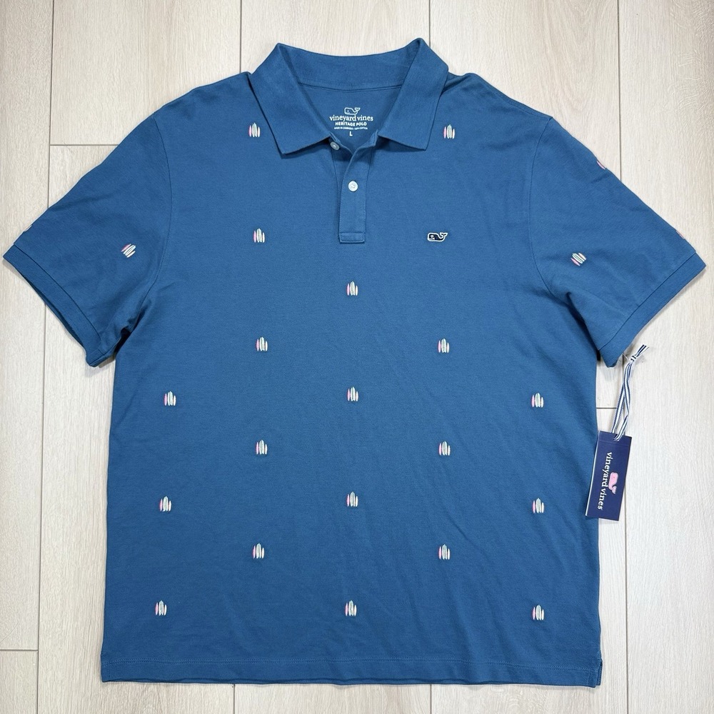 Vineyard Vines Heritage Piqué‎ Surf Board Mallard Polo Shirt Blue Men's L NWT